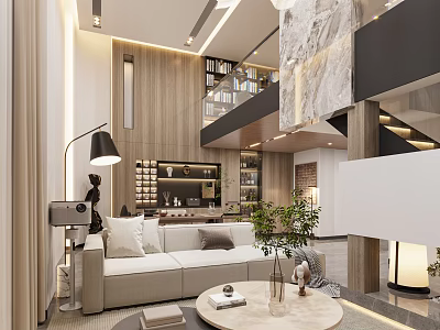 Duplex Living Room Interior Design With Sofa Coffee Table And Wooden Staircase 3d model