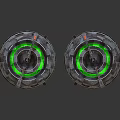 Two Aged Mechanical Devices With Worn Metal Structure Yellow Stripes And Green Details