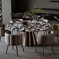 Elegant Modern Dining Table Chair Set With Round Marble Top And Light Gray Chairs 3d model