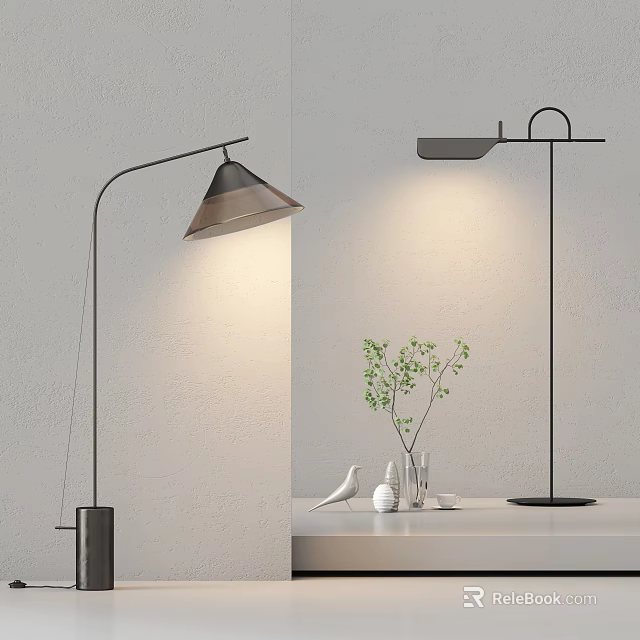Modern Floor Lamp Design With Curved Arm Conical Shade And Tabletop Plant Bird Ornament 3d model 