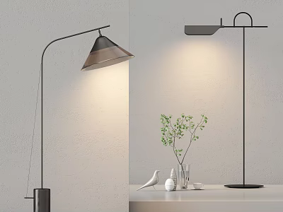 Modern Floor Lamp Design With Curved Arm Conical Shade And Tabletop Plant Bird Ornament 3d model
