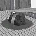 Modern Garden Ornament With Rock Sculpture On Circular Base Stone Tile Floor And Water Feature