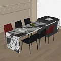 Modern Dining Table and Chairs Set with Marble Top Red Black Chairs and Sink Island