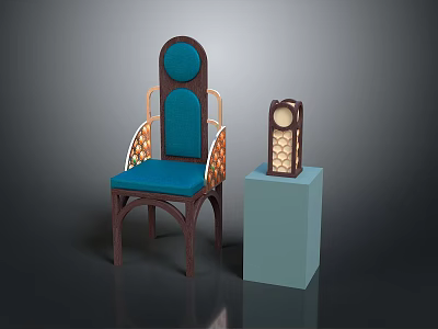Wooden Chair With Blue Cushion Circular Backrest And Honeycomb Pattern Cabinet On Light Blue Stand 3d model