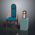 Wooden Chair With Blue Cushion Circular Backrest And Honeycomb Pattern Cabinet On Light Blue Stand
