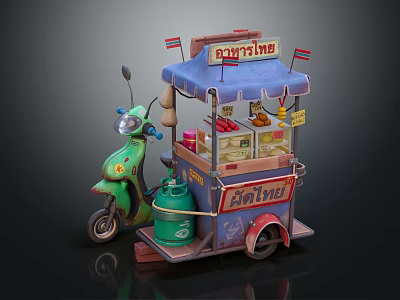Green Motorcycle Food Cart With Blue Canopy Khao Soi Khao Time Snacks 3d model