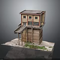 Two Story Building Model With Yellow Brown Exterior Red Window Frames Extended Platform Green Moss