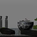 Garden Ornaments With Stone Statues Pillars Patterned Pot Lotus Flowers And Water Feature