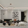 Modern Living Dining Room With Black Sofa Brown Armchair Round Pendant Lights Geometric Wall Art