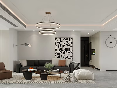 Modern Living Dining Room With Black Sofa Brown Armchair Round Pendant Lights Geometric Wall Art 3d model