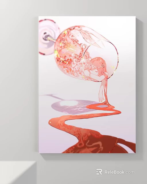 Artistic Abstract Painting Featuring Wine Glass With Poured Red Liquid And Flowing Stream Elements 3d model 