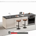 Modern Bar Counter Interior With Sink Bottles Plates Stools Cabinets And Oven