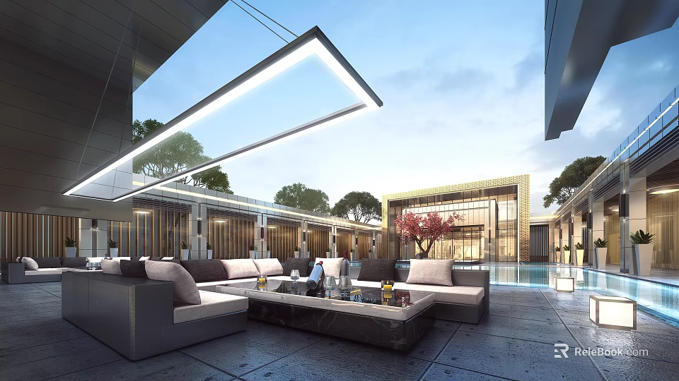 Luxury Modern Sales Office Building Featuring Outdoor Pool Sofa Area Glass Curtain Wall and Landscaping 3d model 