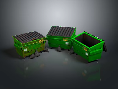 Three Green Trash Bins With Lids And Black Garbage Bags Beside 3d model