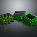 Three Green Trash Bins With Lids And Black Garbage Bags Beside