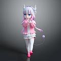 Anime Game Character With White Long Hair Horns Pink Coat And Cat Tail