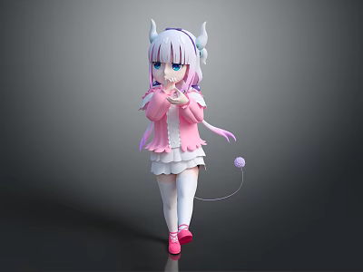 Anime Game Character With White Long Hair Horns Pink Coat And Cat Tail 3d model