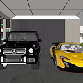 Luxury Parking Garage Modern Indoor With Black Mercedes G Wagon And Yellow McLaren Sports Car