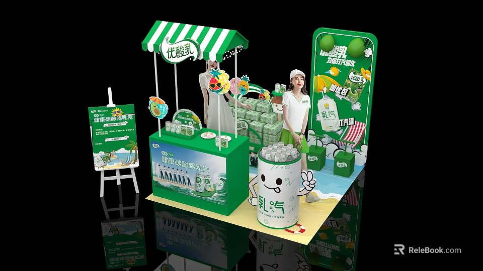 Green Themed Beverage Booth With Yogurt Drink Product Display And Promotion Staff 3d model 