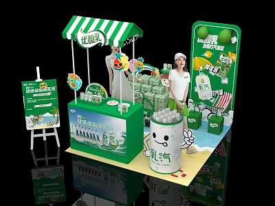 Green Themed Beverage Booth With Yogurt Drink Product Display And Promotion Staff 3d model
