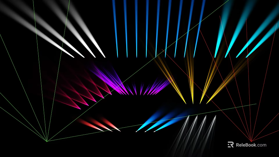 Vibrant Colorful Light Beams With Geometric Lines On Black Abstract Background 3d model 