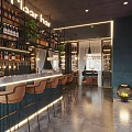 Modern Bar Interior Design With Chandeliers Wine Shelves Curtains And Velvet Chairs