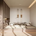 Modern Hotel Guest Room With Twin Beds White Curtains Wall Painting And Wooden Flooring