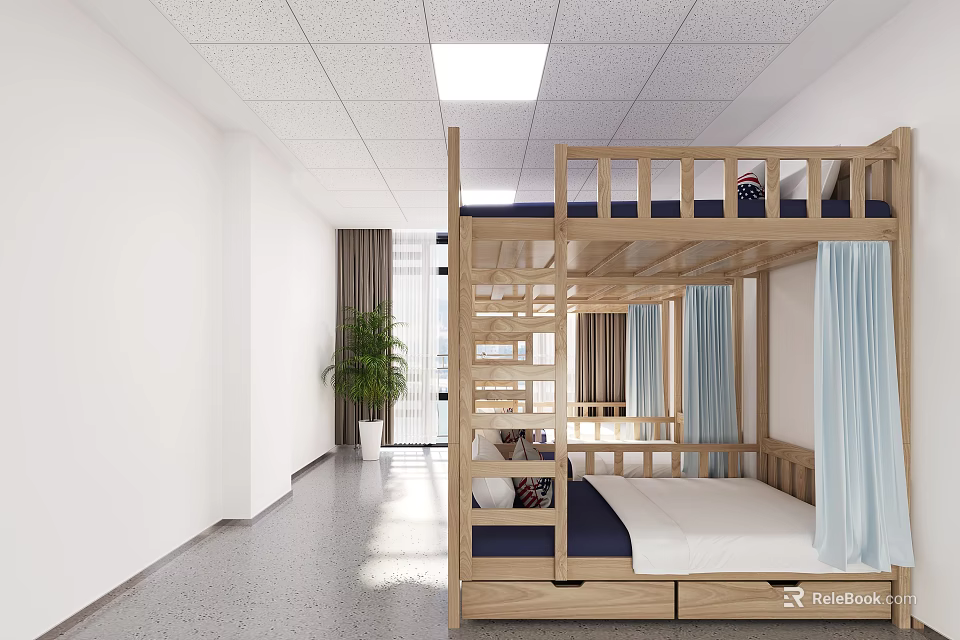 Wooden Bunk Bed Room Interior With Curtains Plant And Corridor 3d model 