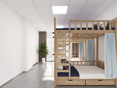 Wooden Bunk Bed Room Interior With Curtains Plant And Corridor 3d model