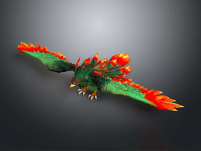 Fantasy Phoenix Sculpture With Green Red Feathers And Flame Spread Wings 3d model