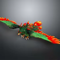 Fantasy Phoenix Sculpture With Green Red Feathers And Flame Spread Wings