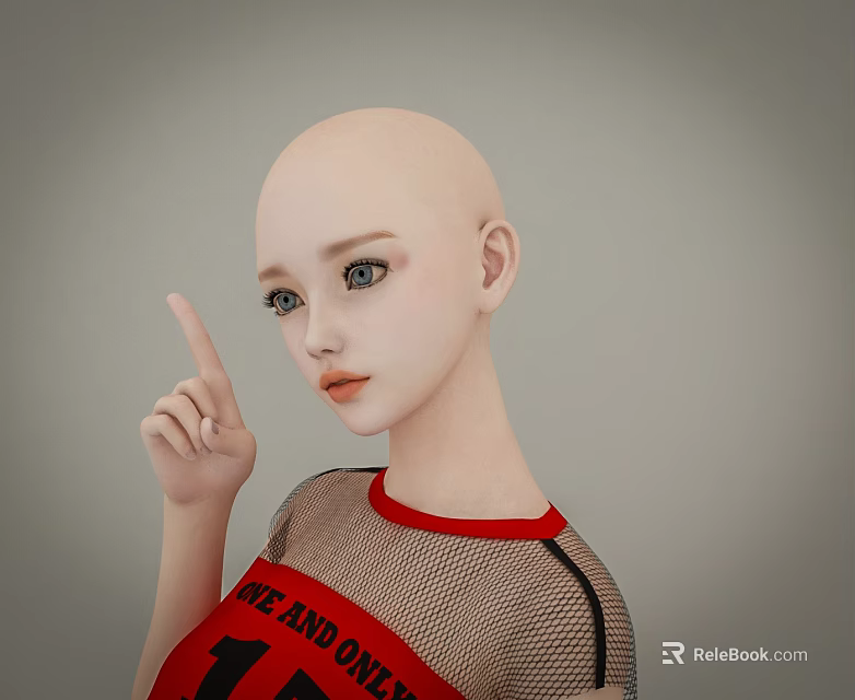 Bald Character Wearing Red And Black Mesh Top Pointing Upwards With Finger 3d model 