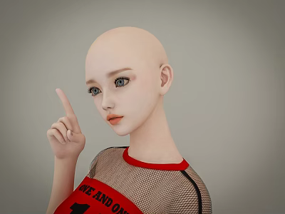 Bald Character Wearing Red And Black Mesh Top Pointing Upwards With Finger 3d model