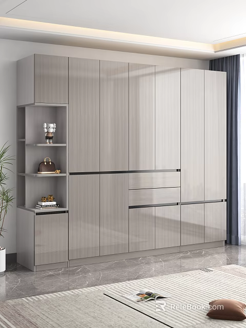 Modern Light Wood Wardrobe With Multiple Cabinet Doors Drawers And Open Shelves 3d model 