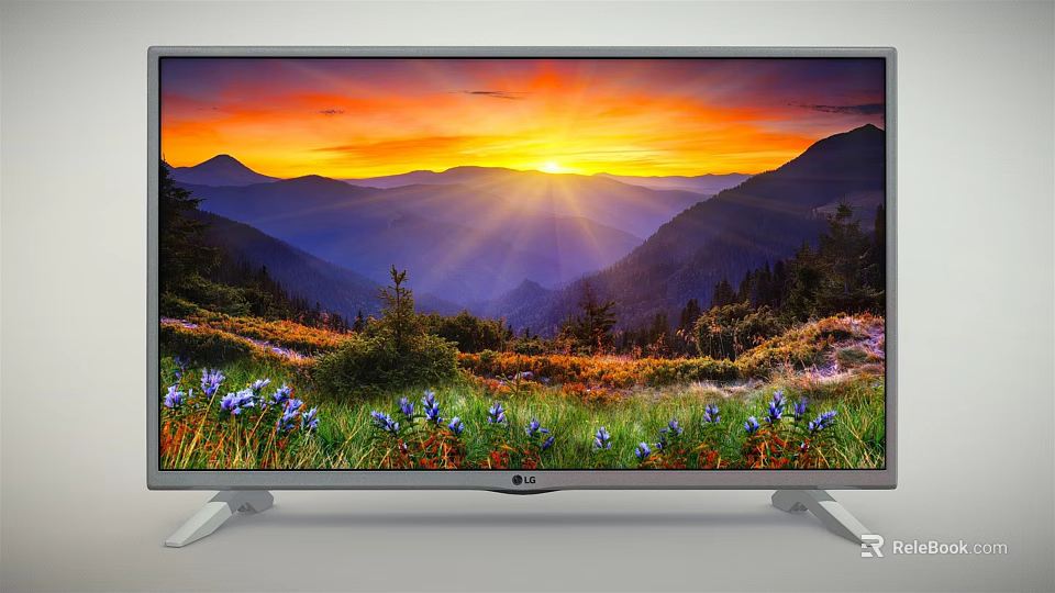 LG TV Displaying Beautiful Sunset Over Mountain Meadow With Purple Flowers 3d model 