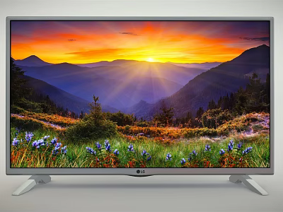 LG TV Displaying Beautiful Sunset Over Mountain Meadow With Purple Flowers 3d model