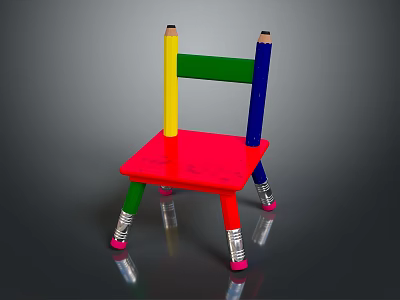 Vibrant Kids Single Chair Featuring Pencil Shaped Design Red Seat Green Backrest And Colorful Legs 3d model