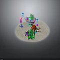 Vibrant Underwater Scene With Sandy Seabed Green Seaweed Pink Blue Jellyfish And Red Octopus