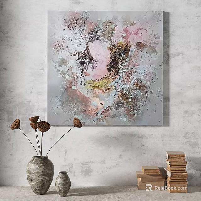 Modern Abstract Painting with Soft Pink Gray Tones and Wall Decor Elements 3d model