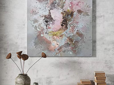 Modern Abstract Painting with Soft Pink Gray Tones and Wall Decor Elements 3d model