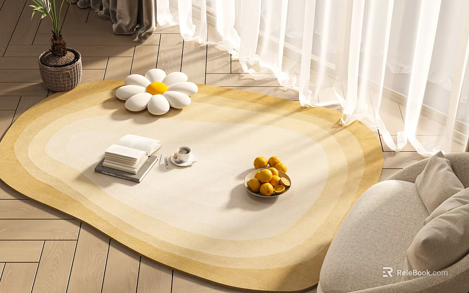 Shaped Rug In Cozy Living Room With Daisy Cushion Books Coffee Fruit Bowl 3d model 