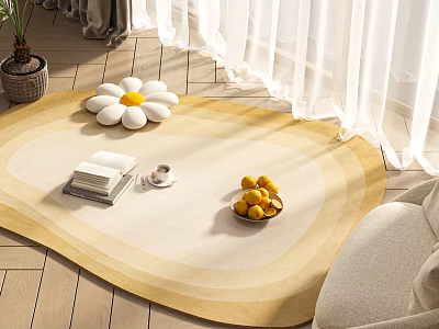 Shaped Rug In Cozy Living Room With Daisy Cushion Books Coffee Fruit Bowl 3d model