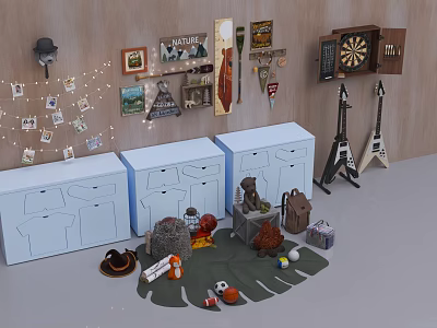 Lounge Room Featuring Light Blue Cabinets Wall Photos Dartboard Guitar Eiffel Tower And Decorative Items 3d model