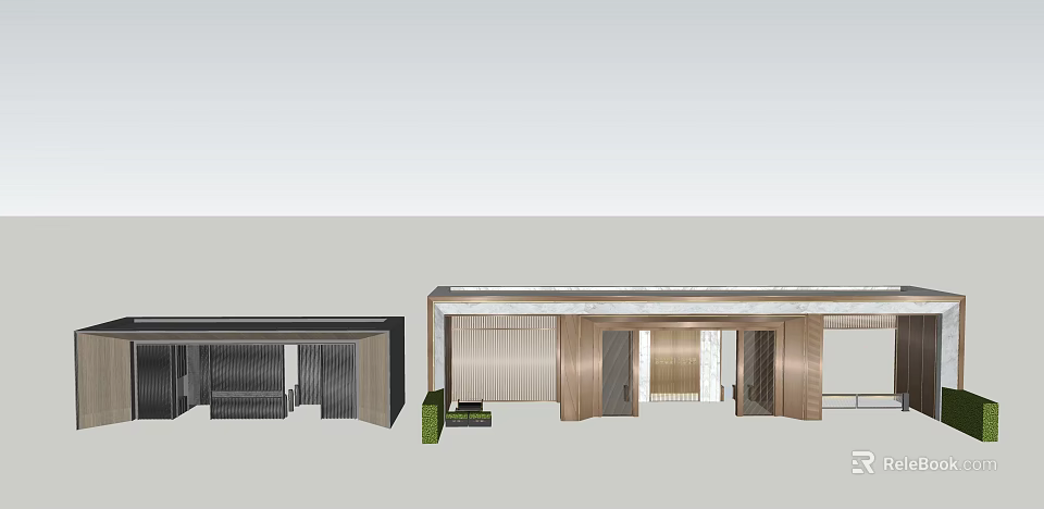 Modern Entrance Gate Design With Wooden Panels Glass Doors And Green Plants 3d model 
