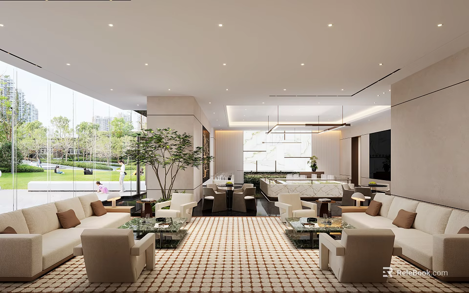 Modern Sales Office Interior Spacious Bright With Sofas Coffee Tables Plants Overlooking Green Landscape 3d model 