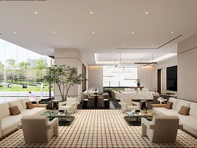 Modern Sales Office Interior Spacious Bright With Sofas Coffee Tables Plants Overlooking Green Landscape 3d model