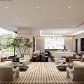 Modern Sales Office Interior Spacious Bright With Sofas Coffee Tables Plants Overlooking Green Landscape