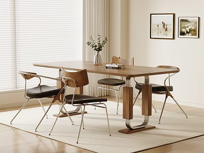 Modern Rectangular Dining Table With Chairs Vase Plants Wall Paintings Window Blinds And Floor Rug 3d model
