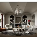 Elegant Living Room With Chandelier Arched Structures Bookshelves Fireplace Sofa And Armchair