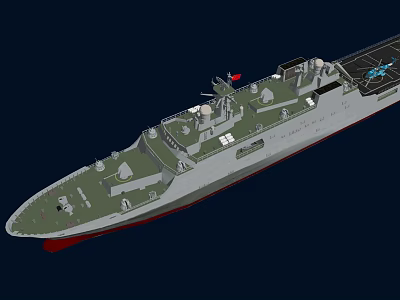 Modern Naval Warship 3D Render With Gray Hull Red Bottom And Deck Radar Systems 3d model